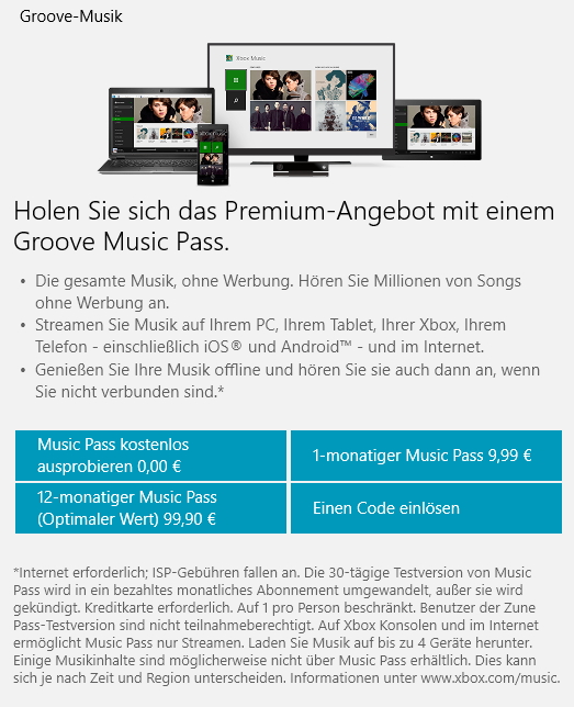  Groove Music Pass can play music on Ger & # XE4; te with Windows 10 stream (Screenshot: Thomas Joos) 
